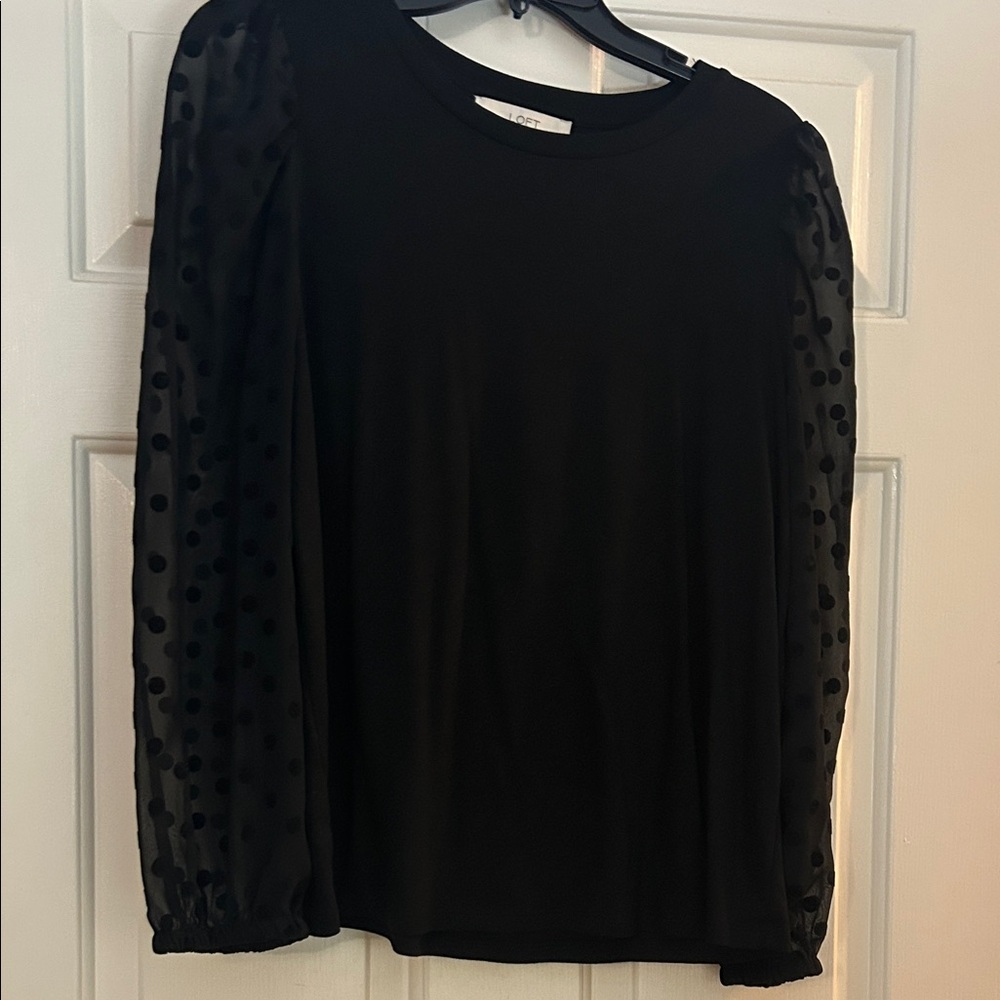 LOFT Black Long-Sleeve Top with Sheer Polka Dot Sleeves